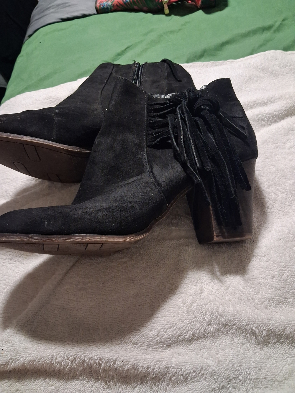 Women's Black Suede Fringe Ankle Boots Size 10